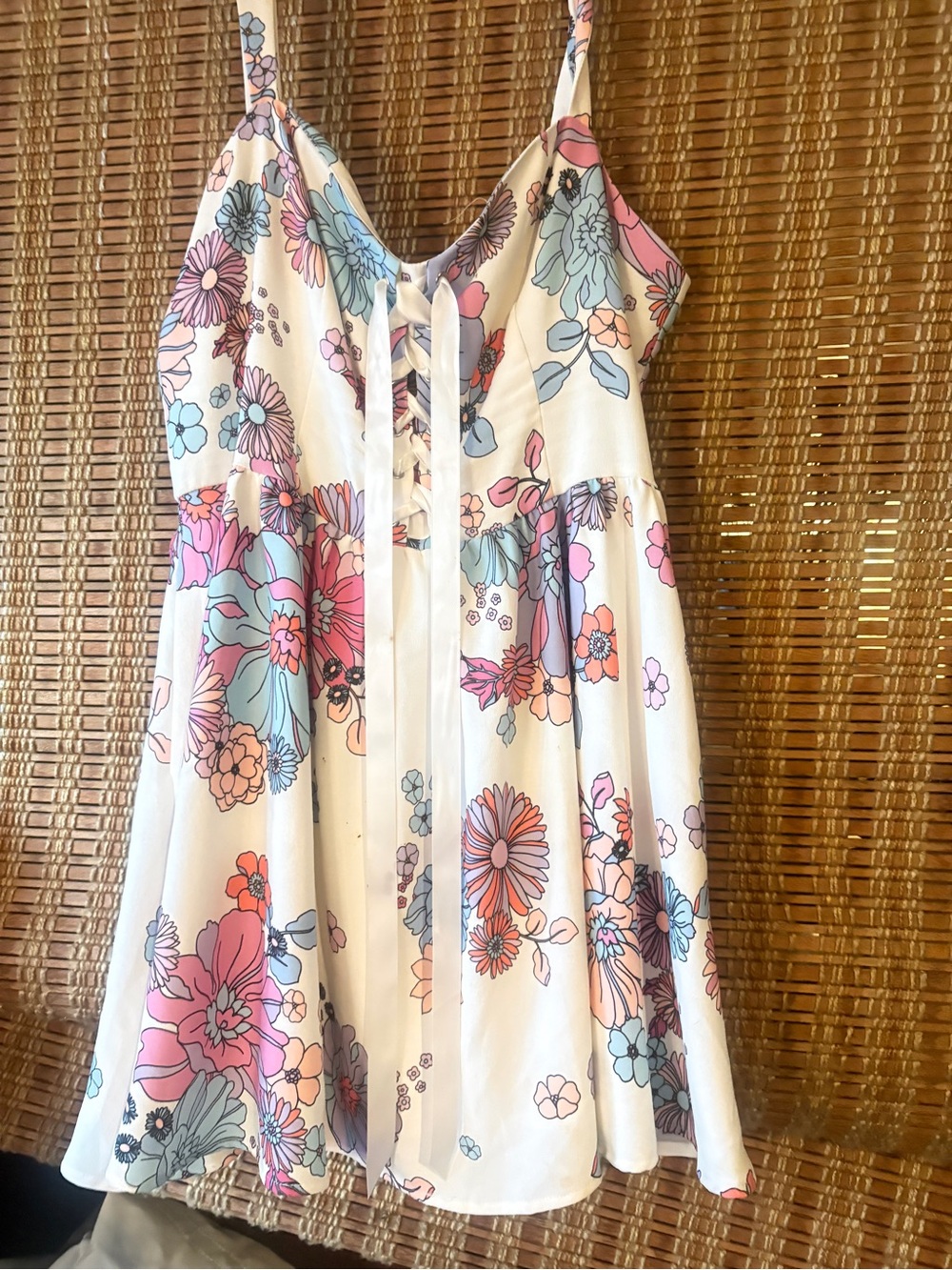 Dolls Kill White Floral Lace-Up Mini Dress in Pink, Blue & Purple